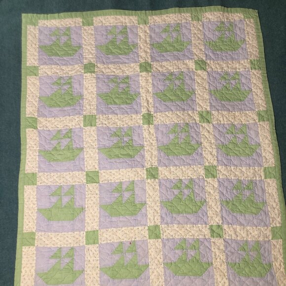 Reversible Hand Made Quilt with Patterned Sail Boats - Picture 1 of 7